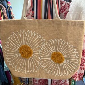 Floral Embroidered Tan Tote Bag
